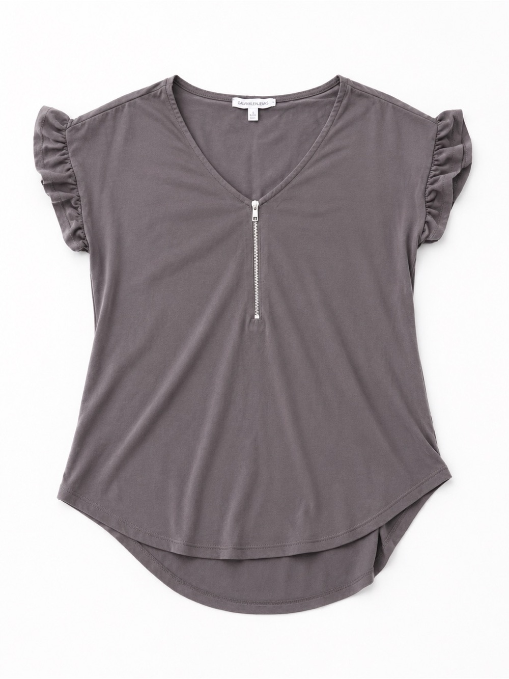 Green Envelope Gray V-Neck Quarter-Zip Ruffle Sleeve Tee